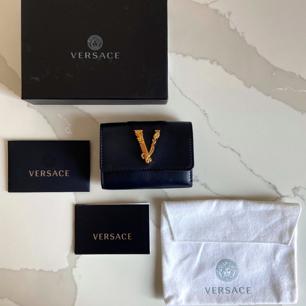 VERSACE black leather virtue mini wallet / coin purse | with original tags